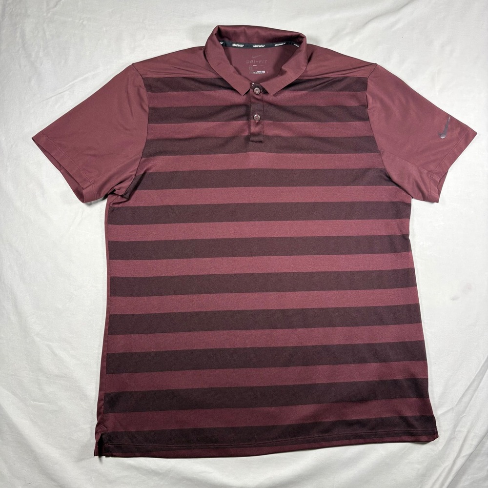 Nike Golf Dri-FIT Polo Shirt Mens XL Burgundy Striped Short Sleeve Performance